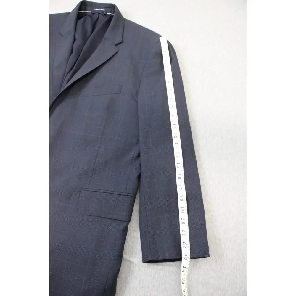 Lands' End‎ Blazer Mens 46R Navy Blue Plaid 100% Wool Tailored Fit 2-Buttons